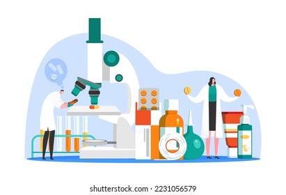 Medizin-Forschungskonzept, Vektorgrafik. Medizinisches Laboratorium erstellt pharmazeutische Tests durch Chemie. Ärztin