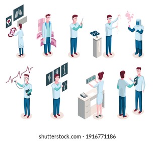 Medicine researchers isometric. Medicine, doctor, laboratory research and pharmacy industry isolated icons. Bundle of isometric elements. Isometric vector illustration kit with people characters