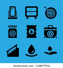 medicine, responsible use of water, drop, stairs, first aid kit, target, mirror, barrel and cupboard vector icon. Simple icons set