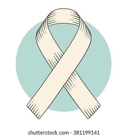 Medicine ribbon in engraving style. International symbol of AIDS, HIV, cancer, heart disease, stroke awareness in turquoise circle background. Hand drawn design and element. Vector Illustration