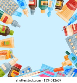 Medicine round pattern vector illustration. Medicine, pharmacy, hospital set of drugs with labels. Medication, pharmaceutics concept. Different medical pills and bottles.