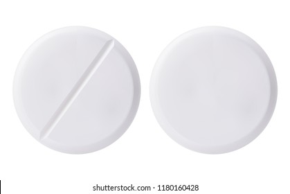 Medicine round white cure pills, aspirin, antibiotics, vitamin and painkiller drugs. White medicine pills and tablets isolated on white background. Pharmaceutical tablet drug chemical science close-up