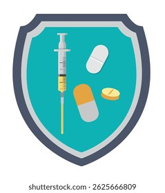 Medicine safety concept. Inside the security shield, colorful pills and intravenous or intramuscular drug syringe. Protection shield with medicine pills showing of medicine protection, safety vector.