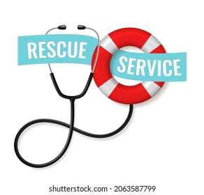 Medicine saves. Hospital and rescue service. Red lifebuoy and stethoscope. Medical treatment. Professional health care. Lifesavers and doctors work. First aid. Life saving vector concept