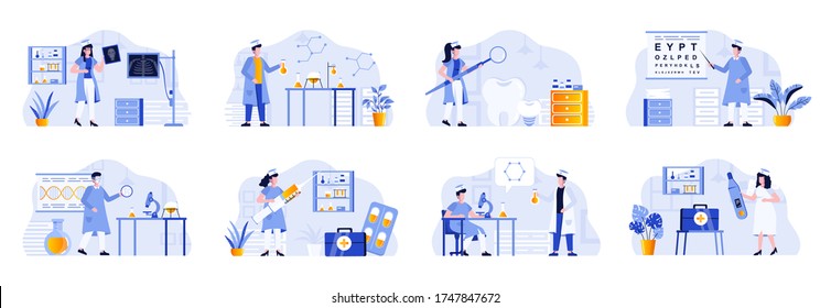 Medicine scenes bundle with people characters. Laboratory diagnostics, pharmacology research, ophthalmology, radiology and stomatology situations. Diagnosis and treatment flat vector illustration