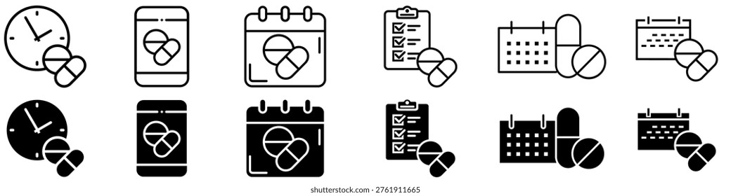 Medicine schedule icon vector set. Medication reminder Illustration sign collection. Pill timetable symbol or logo.