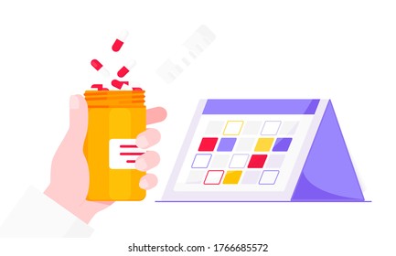 Medicine schedule or medical reminder planner flat style design vector illustration with date calendar and pill bottle isolated on white background. Health care appointment service.