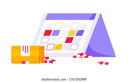 Medicine schedule or medical reminder planner flat style design vector illustration with date calendar and pill bottle isolated on white background. Health care appointment service.