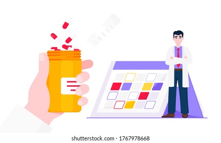 Medicine schedule or medical reminder planner flat style design vector illustration with date calendar, man doctor and pill bottle isolated on white background. Health care appointment service.