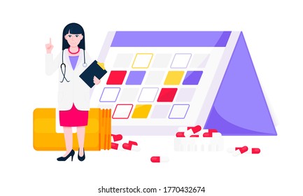 Medicine schedule or medical reminder planner flat style design vector illustration with date calendar, doctor and pill bottle isolated on white background. Health care appointment service.