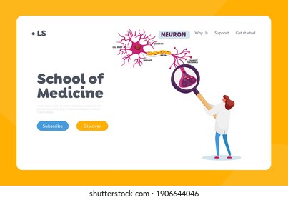 Medicine School Laboratory Landing Page Template. Tiny Scientist Female Character in Robe Learning Human Neurons Scheme with Dendrite, Cell Body, Axon and Nucleus. Cartoon People Vector Illustration