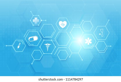 Medicine and science with abstract digital hi tech hexagons on blue background