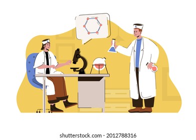 Medicine and science concept. Doctor and laboratory assistant doing research in lab situation. Medical clinic people scene. Vector illustration with flat character design for website and mobile site