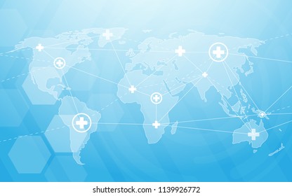 Medicine and science with world map. Abstract digital hi tech hexagons on blue background