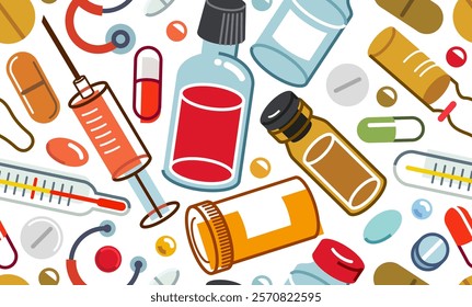 Medicine seamless background, vector medical pills and bottles tiling wallpaper, drugstore and pharma endless pattern, elements easy to use separately as icons or illustrations.