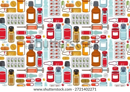 Medicine seamless background, vector medical pills and bottles tiling wallpaper, drugstore and pharma endless pattern, elements easy to use separately as icons or illustrations.