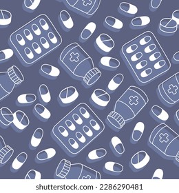 medicine seamless blue pattern with pills and capsules