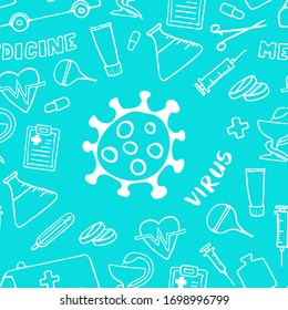 Medicine seamless doodle pattern with virus or bacteria icon. Hand drawn Health care, pharmacy, medical cartoon background. Vector illustrations.