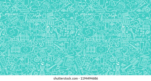 Medicine seamless doodle pattern for your design. Hand drawn Health care, pharmacy, medical cartoon background. Vector illustrations eps 10.