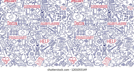 Medicine seamless doodle pattern for your design. Hand drawn Health care, pharmacy, medical cartoon background. Vector illustrations eps 10.