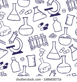 Medicine seamless doodle pattern for your design. Hand drawn Health care, pharmacy, medical cartoon background. Vector illustrations eps 10.