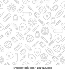 Medicine Seamless Line Pattern White Background. Set Of Linear Medical Elements. Healthcare And Medical Concept In Flat Style.