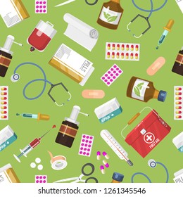 Medicine seamless pattern. First aid kit, stethoscope and syringe, vial of medicine, and pills, hand sanitizer bottles, medical plaster, pipette. Vector illustration healthcare treatment