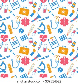 Medicine seamless pattern. Items of medical equipment icons. Medical background. Vector Illustration