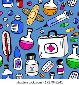 Medicine seamless pattern. Medical simple doodle illustration on blue background. Simple drawings of medical and chemical devices. Syringe, thermometer, medical case, pills, flasks, plaster.