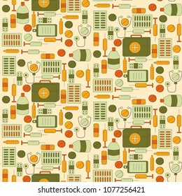 Medicine seamless pattern in modern flat military style. A lot of medical things, icons. Health care concept.