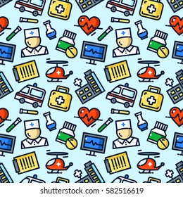 Medicine seamless pattern with objects in line style, ambulance vector illustration