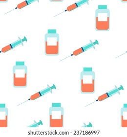 Medicine Seamless Pattern with Syringe. Vector Background with Injection Stuff
