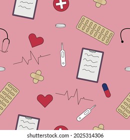 Patrón sin fisuras de la medicina.  Comprimido, pastillas, estetoscopio, yeso