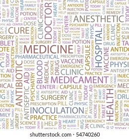 MEDICINE. Seamless vector background. Wordcloud illustration.