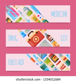 Medicine set of banners vector illustration. Medicine, pharmacy store, hospital set of drugs with labels. Medication, pharmaceutics concept. Medical pills and bottles. Drug list.