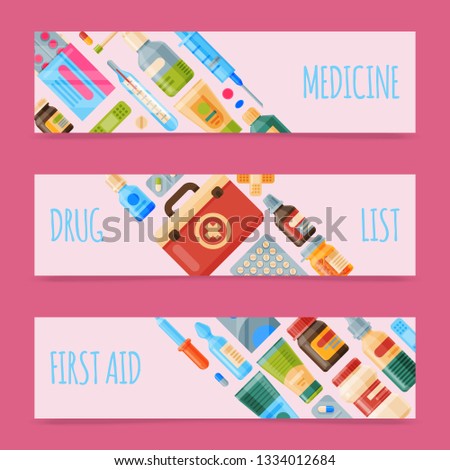 Medicine set of banners vector illustration. Medicine, pharmacy store, hospital set of drugs with labels. Medication, pharmaceutics concept. Medical pills and bottles. Drug list.