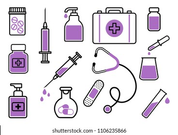 Medicine. Set of black and purple icons. Vector illustration