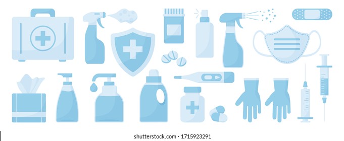 Medicine Set. Disinfectant, Hand Sanitizer Bottles, Medical Mask, Antibacterial Spray, Gel, Wipes, Soap, Gloves, Syringe, First Aid Kit, Pills, Bandage, Thermometer, Medical Insurance. Vector