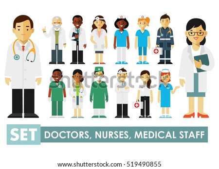 Medicine set with doctor and nurses in flat style isolated on blue background. Practitioner young doctors man and woman standing. Medical staff.