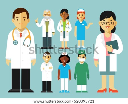 Medicine set with doctor and nurses in flat style isolated on blue background. Practitioner young doctors man and woman standing. Medical staff.