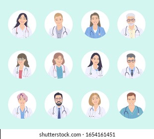 Medicine set with doctors and nurses avatar. Male and female friendly medical workers on turquoise background. Hospital staffs characters circle icon, healthcare service vector flat illustration.