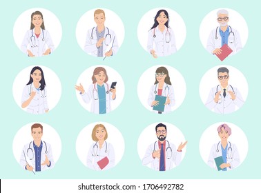 Medicine set with doctors and nurses avatar. Male and female friendly medical workers on turquoise background. Hospital staffs characters circle icon, healthcare service vector flat illustration.