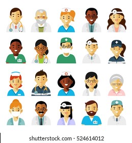 Medicine set with doctors and nurses avatars in flat style isolated on white background. Practitioner young doctor man and woman icons. Medical staff