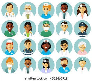 Medicine set with doctors and nurses avatars in flat style isolated on white background. Practitioner young professional man and woman round icons. Medical staff