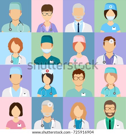 Medicine set with doctors and nurses avatars in flat style. Practitioner doctor man and woman icons. Medical staff.
