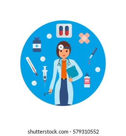 Medicine set with doctors and nurses concept. Doctor in medical gown with tools and research results. Vector illustration isolated on white background.