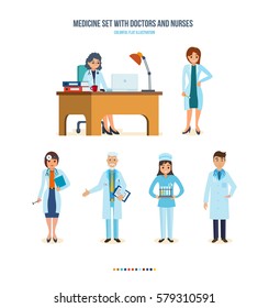 Medicine set with doctors and nurses concept. The local doctor, therapist, otolaryngologist doctor, surgeon, nurse with to research and test results. Colorful flat illustration.