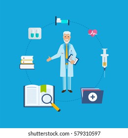 Medicine set with doctors and nurses concept. Doctor in medical gown with tools and research results. Vector illustration isolated on white background.
