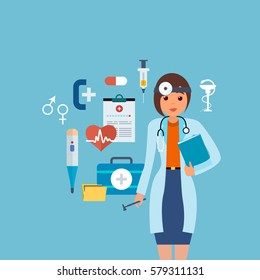 Medicine set with doctors and nurses concept. Doctor in medical gown with tools and research results. Vector illustration isolated on white background.