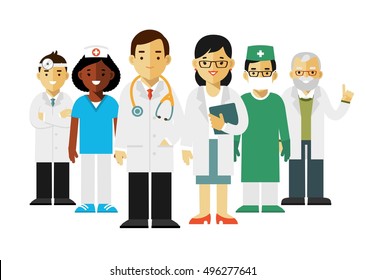 Medicina ambientada con médicos y enfermeras de estilo plano aisladas de fondo blanco. Equipo de doctores jóvenes, hombre y mujer de pie. Personal médico. 
